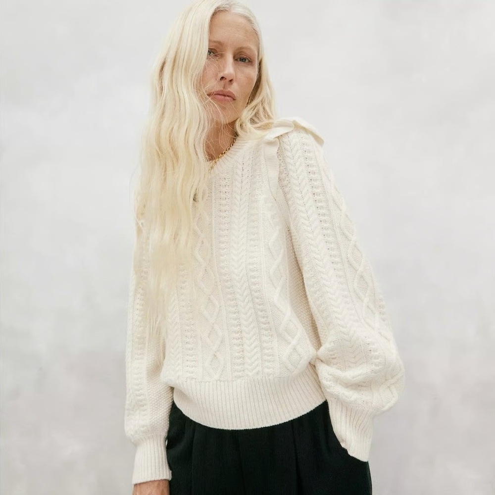 Madewell Hollydene Ruffle-Shoulder Pullover Sweater in Antique Cream